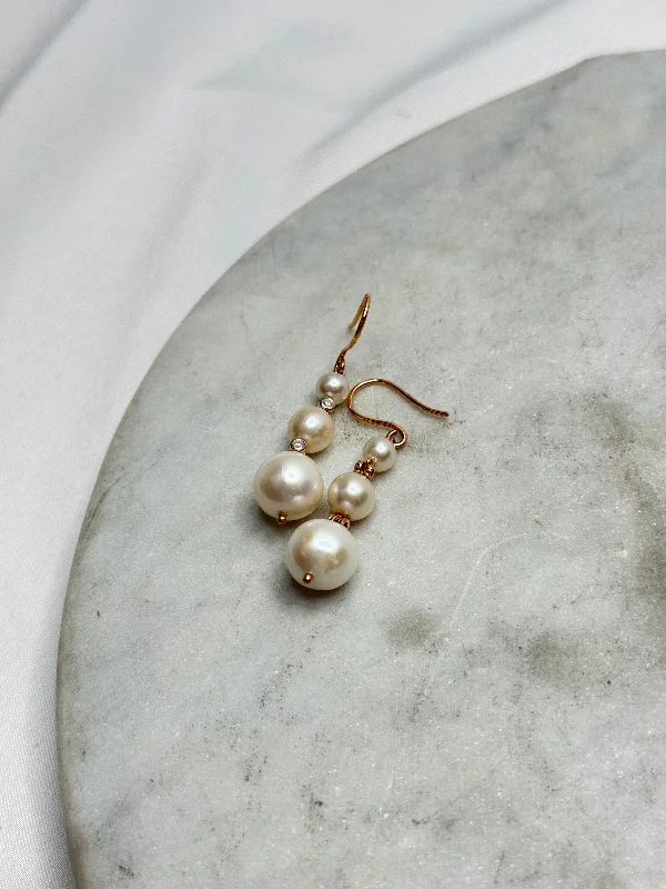 ladies earrings party-Earrings - Graduated Pearl Drops on Rose Gold w/ Diamonds