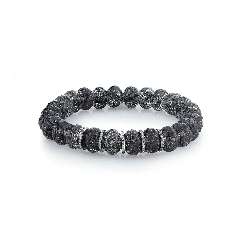 Ladies bracelets conflict free -Black Tourmalinated Quartz Bead Bracelet with 5 Diamond Rondelles - 9mm  B0001354