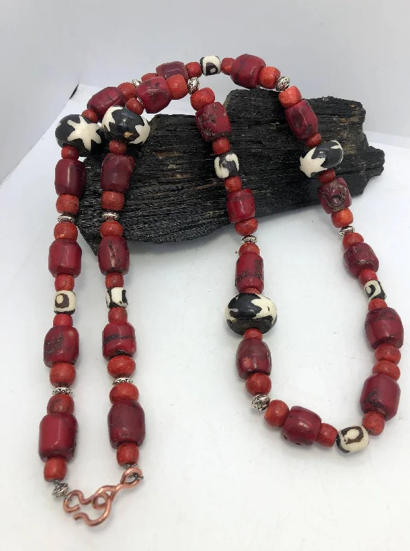 Ladies necklaces zodiac glow -30 inch Red Coral and African Bone Beads Beaded Necklace