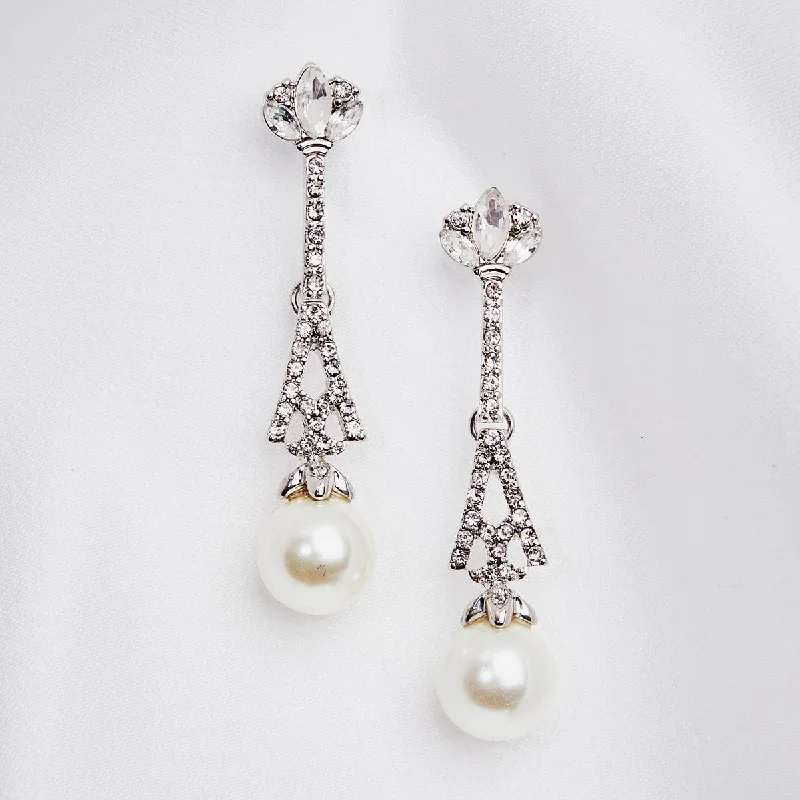 ladies earrings travel friendly-Pearl Drop Bridal Earrings: Eiffel Tower Style Crystal And Pearl Earrings