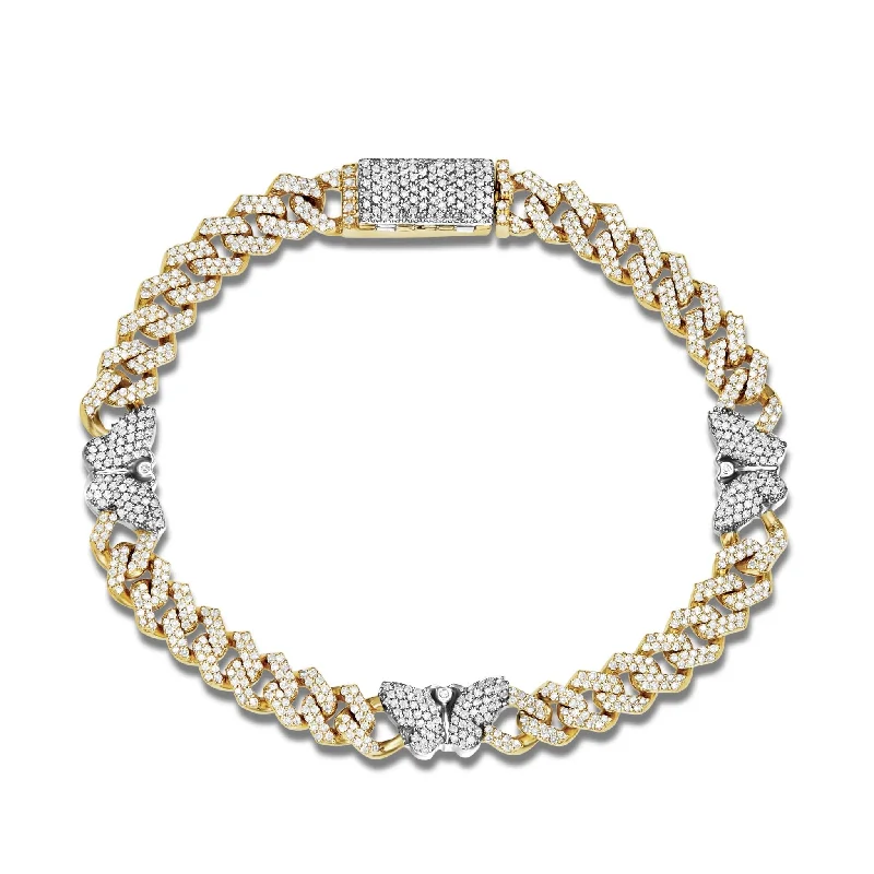 Ladies bracelets chinese charm -10K Gold Two Tone 1.76ct Diamond Cuban Bracelet with Butterfly Motif Links