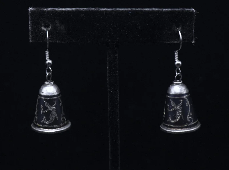 ladies earrings auction-Vintage Siamese Dancer Sterling Silver Niello Bell Dangle Earrings