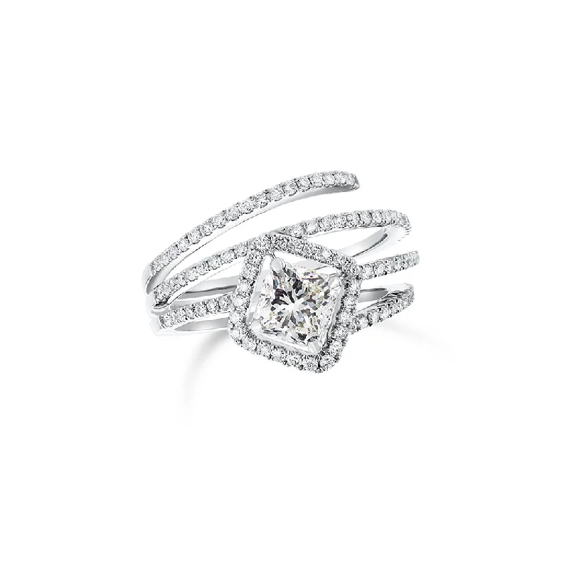 ladies engagement rings happiness-1.04 CT Radiant Diamond and 0.52 Cttw Spiral 18K White Gold Engagement Ring