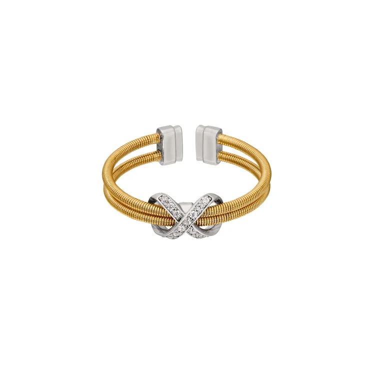 ladies rings recycled-Gold Finish Sterling Silver Two Cable Cuff Ring with Rhodium Finish Simulated Diamond Infinity