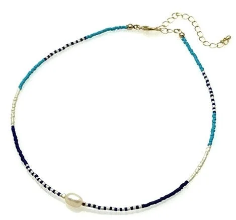 Ladies necklaces enduring charm -Beaded Necklace with Freshwater Pearl Pendant - Multi Navy