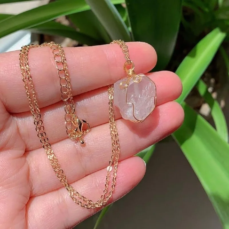 Ladies necklaces sun moon -Raw Rose Quartz Golden Wire Necklace