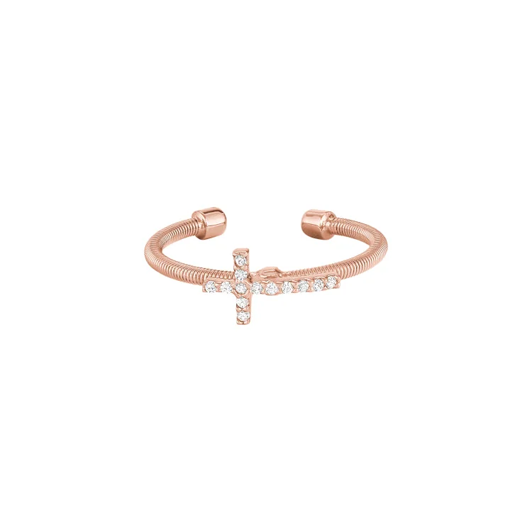 ladies rings cost effective-Rose Gold Finish Sterling Silver Cable Cuff Cross Ring with Simulated Diamonds