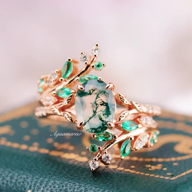 ladies engagement rings formal-Green Moss Agate & Emerald Leaf Engagement Ring Set- 14K/ 18K Solid Rose Gold