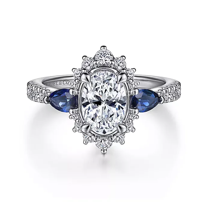 ladies engagement rings tension-June - 14K White Gold Fancy Three Stone Halo Sapphire and Diamond Engagement Ring