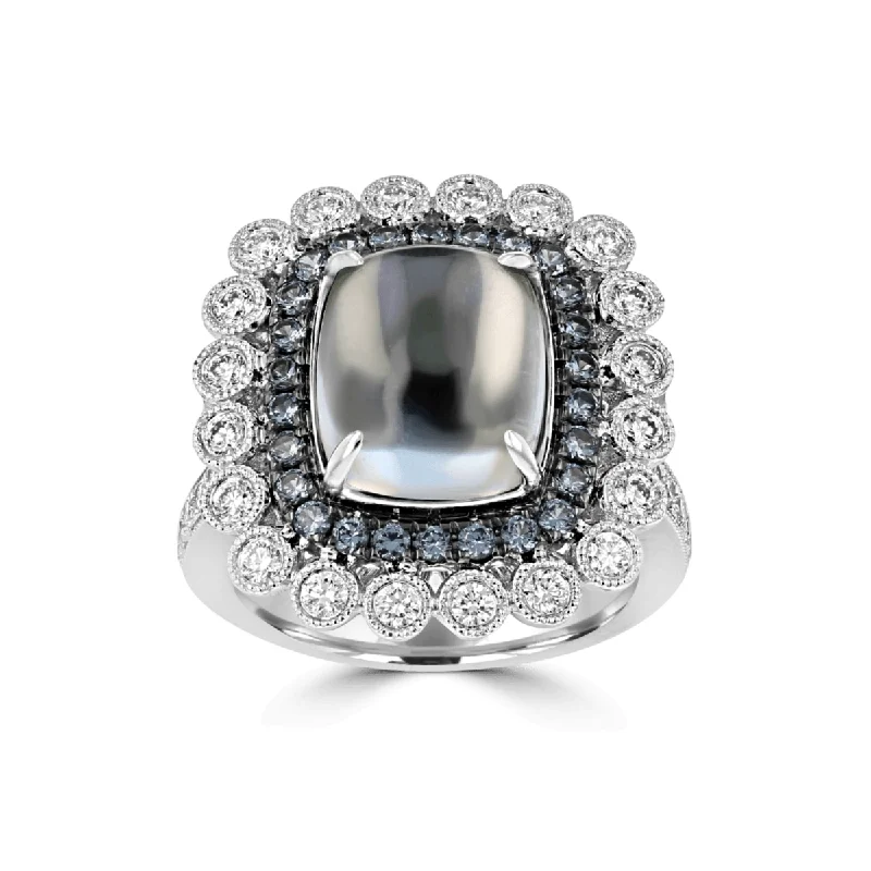 ladies rings synthetic-JULEVE 18KT WHITE GOLD MOONSTONE, GARNET, AND DIAMOND HALO RING