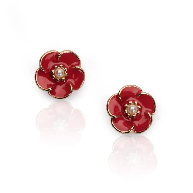 ladies earrings polishing-Red Rose Earrings: 1950s Style Red Rose & Pearl Studs