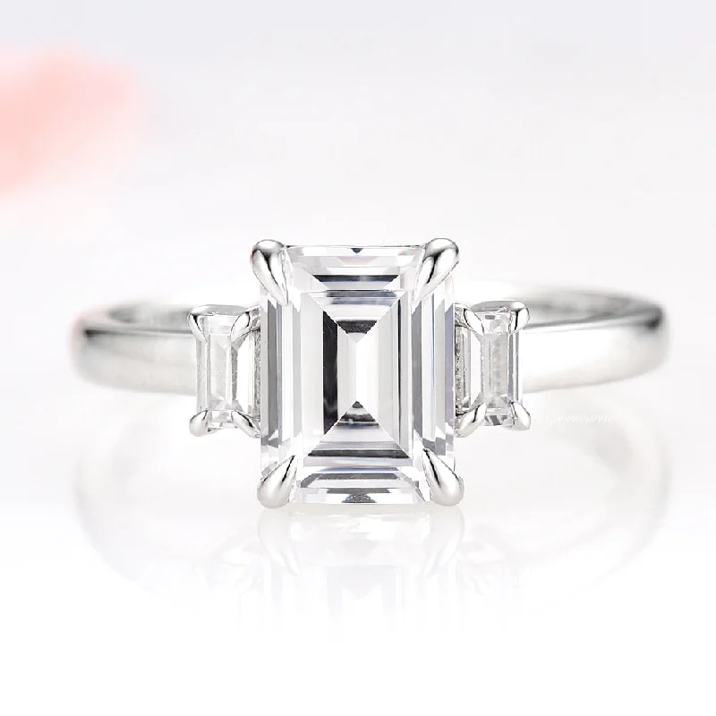 ladies engagement rings delicate-Emerald Cut Moissanite Engagement Ring- 14K White Gold