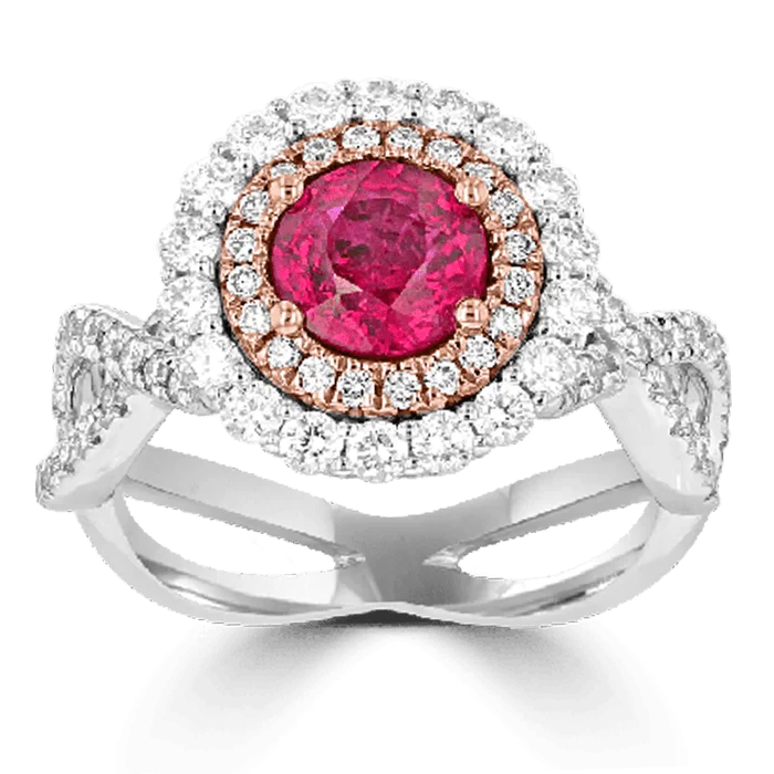 ladies rings fitting-JULEVE 18KT 1.25 CT RUBY & 0.91 CTW DIAMOND DOUBLE HALO RING