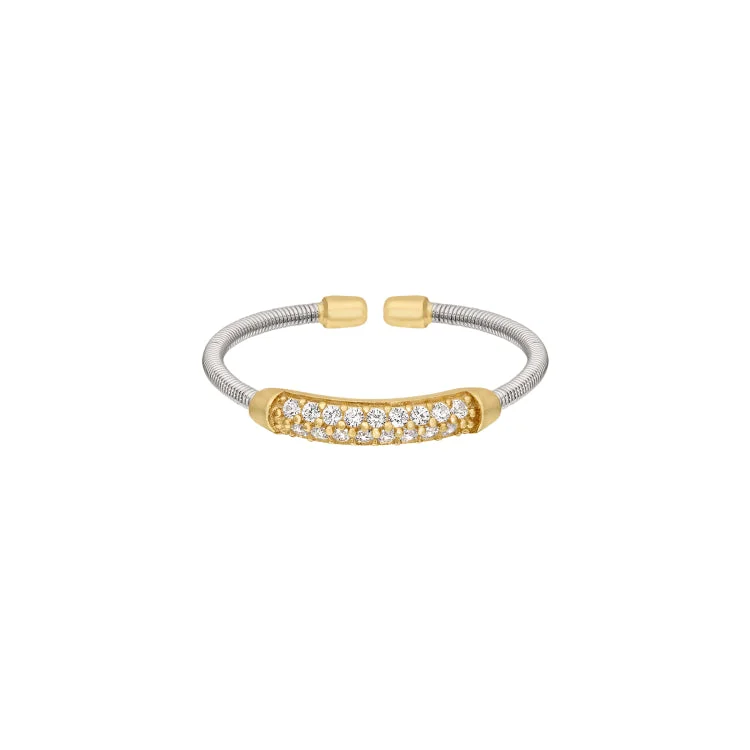 ladies rings tiffany-Rhodium Finish Sterling Silver Single Cable Cuff Ring with Gold Finish Double Row Simulated Diamonds