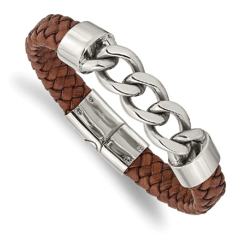 Ladies bracelets sustainable shine -Stainless Steel Polished Chain and Brown Leather 8.25in Bracelet