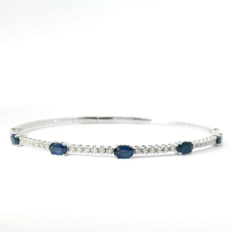 Ladies bracelets single gem accent -14K White Gold Flexible Natural Diamond and Sapphire Bangle Bracelet