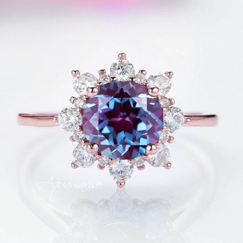 ladies engagement rings white-Snowflake Teal & Purple Alexandrite Engagement Ring- 14K Solid Rose Gold