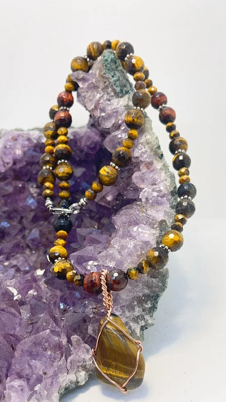 Ladies necklaces sun moon -24 inch Tigers Eye Beaded necklace with Tigers Eye Wirewrapped Pendant