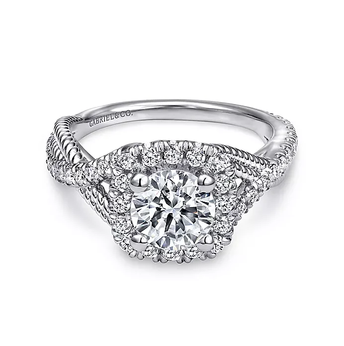 ladies engagement rings deals-Avalon - 14K White Gold Cushion Halo Round Diamond Engagement Ring