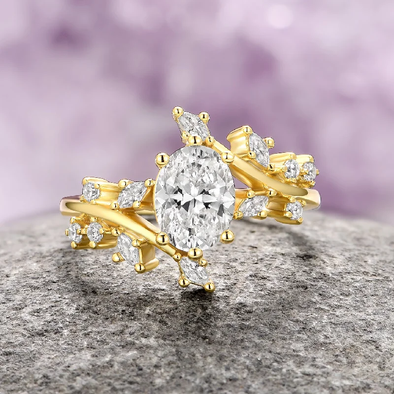 ladies engagement rings winter-Moissanite/Diamond Leaf Engagement Ring- 14K Solid Yellow Gold