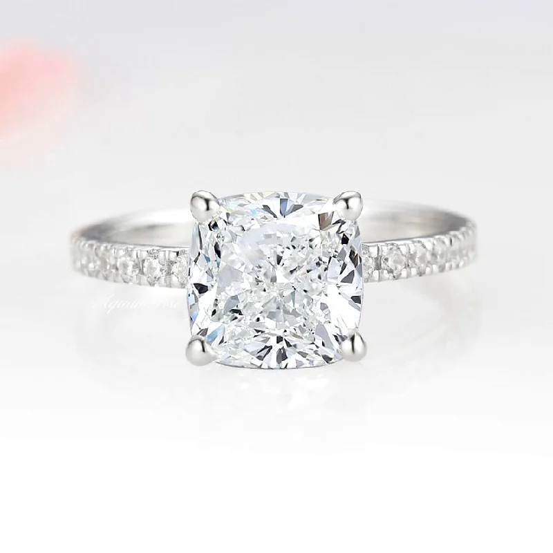 ladies engagement rings harry winston-3CT Cushion Cut Diamond/ Moissanite Engagement Ring- 14K White Gold