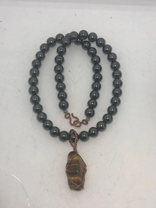 Ladies necklaces compass glow -20inch Hematite Beaded necklace with Tigers Eye Wirewrapped Pendant