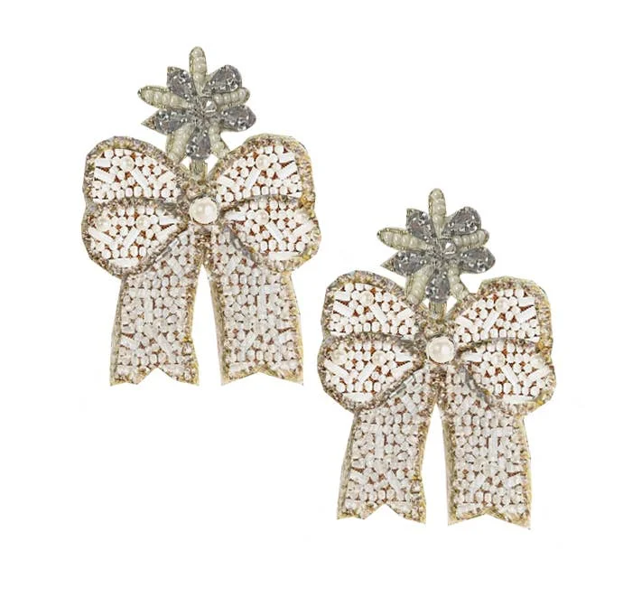 ladies earrings cuff-Earrings - Pearl Beaded Glitzy Bow Earrings