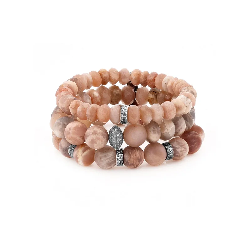 Ladies bracelets pave glow -Spring Sands Stack - Sunstone, Peach Moonstone & Diamond Bead Bracelet Stack BNDL6