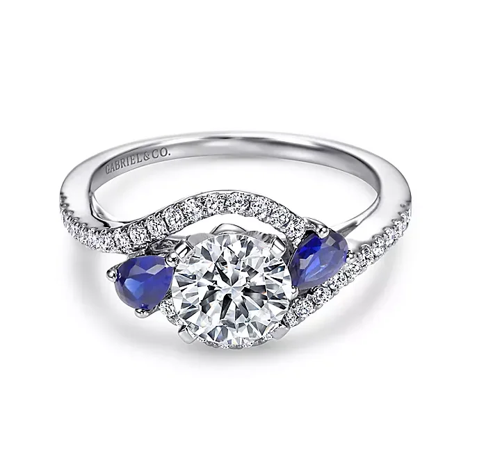 ladies engagement rings blue-Demi - 14K White Gold Round Three Stone Sapphire and Diamond Engagement Ring