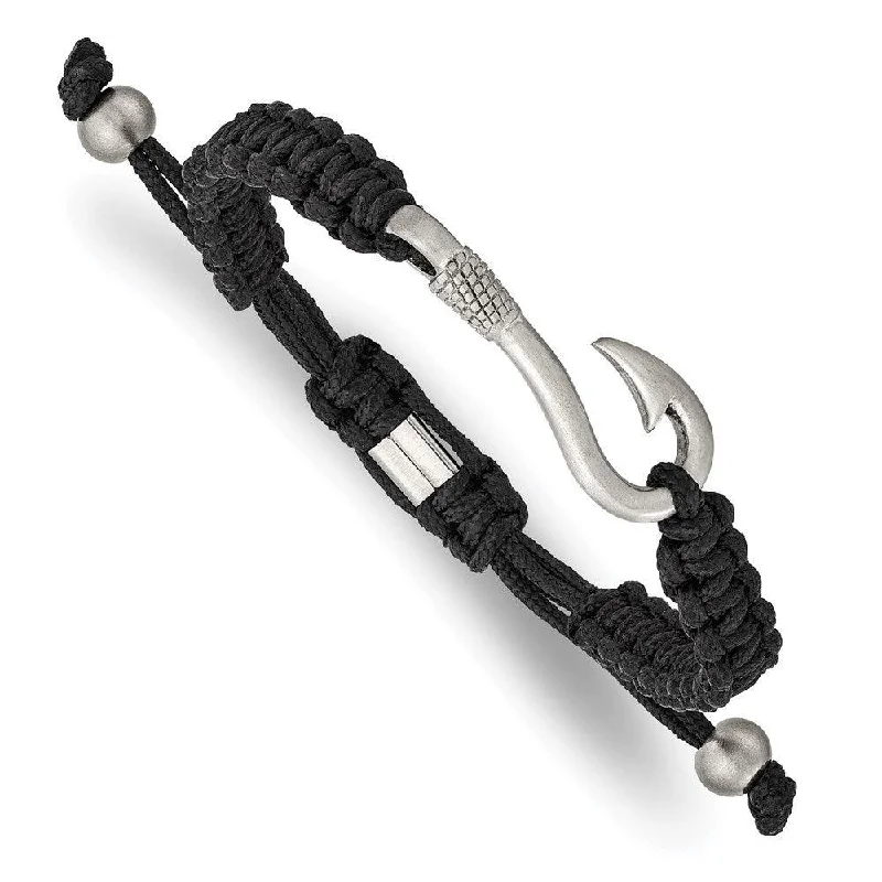 Ladies bracelets peridot shine -Stainless Steel Brushed Fishing Hook Black Nylon Adjustable Bracelet