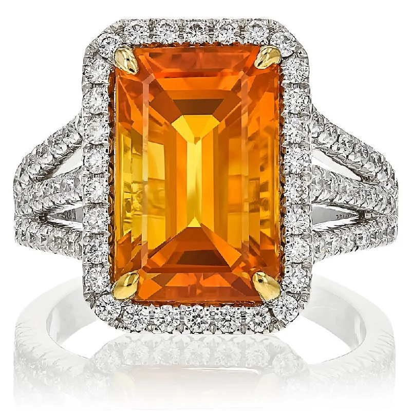 ladies rings energy-JULEVE 18KT WHITE GOLD 8.41 CT GOLDEN SAPPHIRE & 0.87 CTW DIAMOND HALO RING