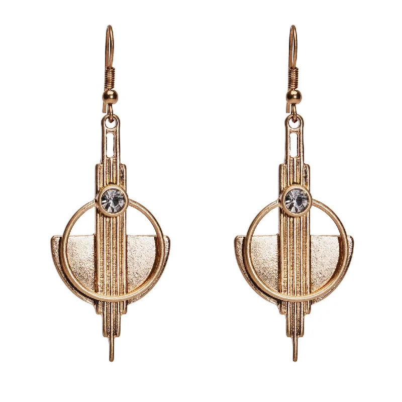 ladies earrings surprise-Vintage Art Deco Earrings: Brass Long Drop Earrings