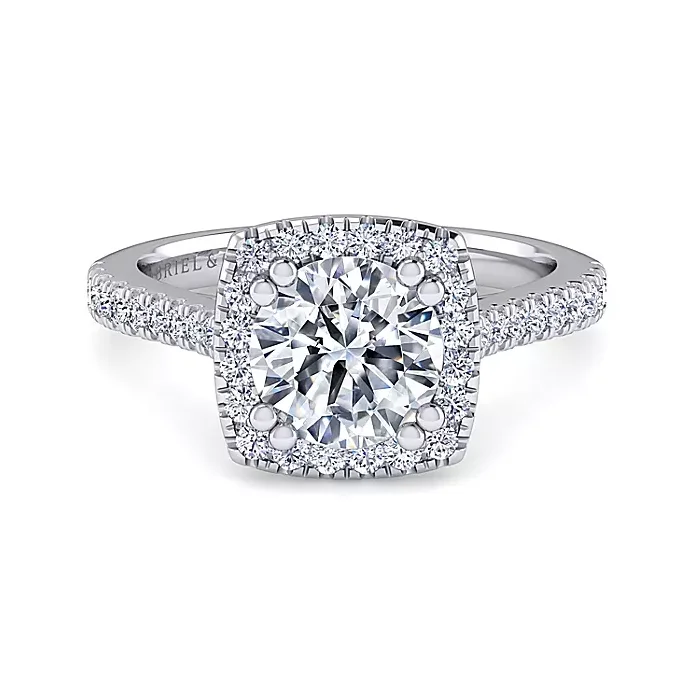 ladies engagement rings cultural-Michaela - 14K White Gold Cushion Halo Round Diamond Engagement Ring