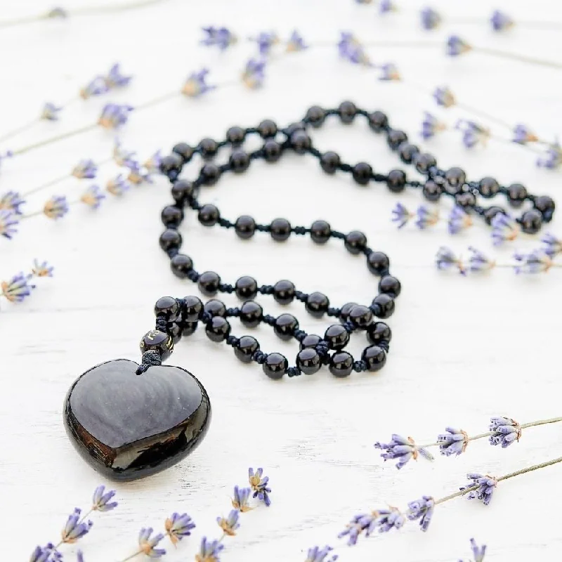 Ladies necklaces rose quartz charm -Obsidian Heart-Shaped Stone Necklace Pendant