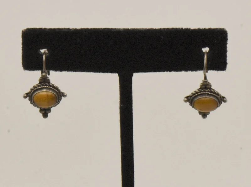 ladies earrings art deco-Vintage Sterling Silver Honey Tiger's Eye Earrings - BROKEN CLOSURE