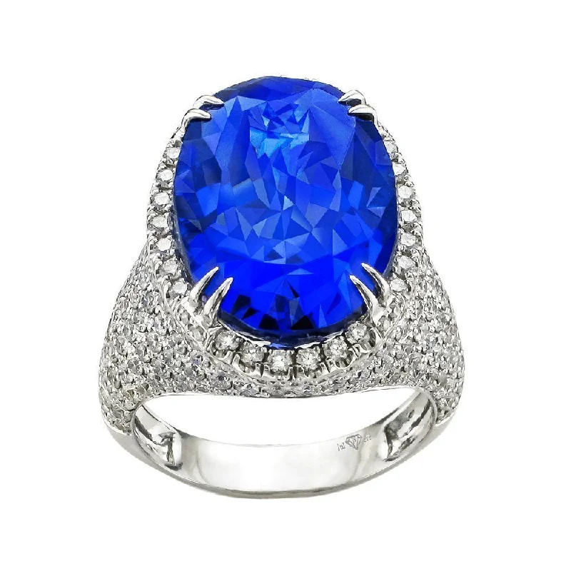 ladies rings one of a kind-JULEVE 18KT GOLD 16.44 CT TANZANITE & 2.27 CTW DIAMOND HALO RING