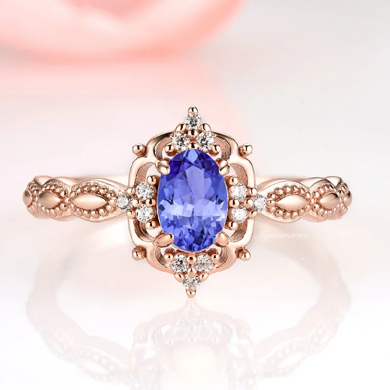 ladies engagement rings art nouveau-Claire Vintage Natural Tanzanite Engagement Ring- 14K Solid Rose Gold