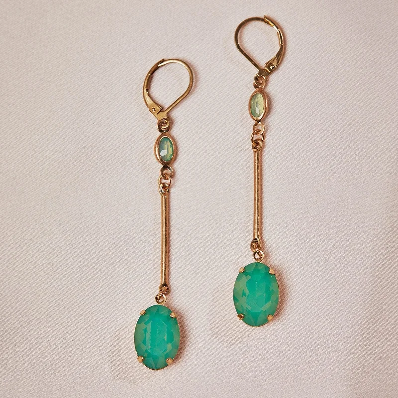 ladies earrings yellow gold-Oval Drop Earrings: Vintage Green Opal Earrings