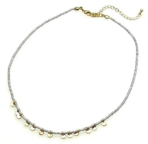 Ladies necklaces sustainable craft -Beaded Necklace with Gold Sequins - Gray beads