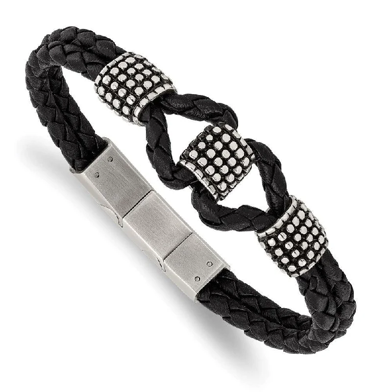 Ladies bracelets buddhist charm -Stainless Steel Antiqued & Polished Black Leather w/.5in ext 8in Bracelet