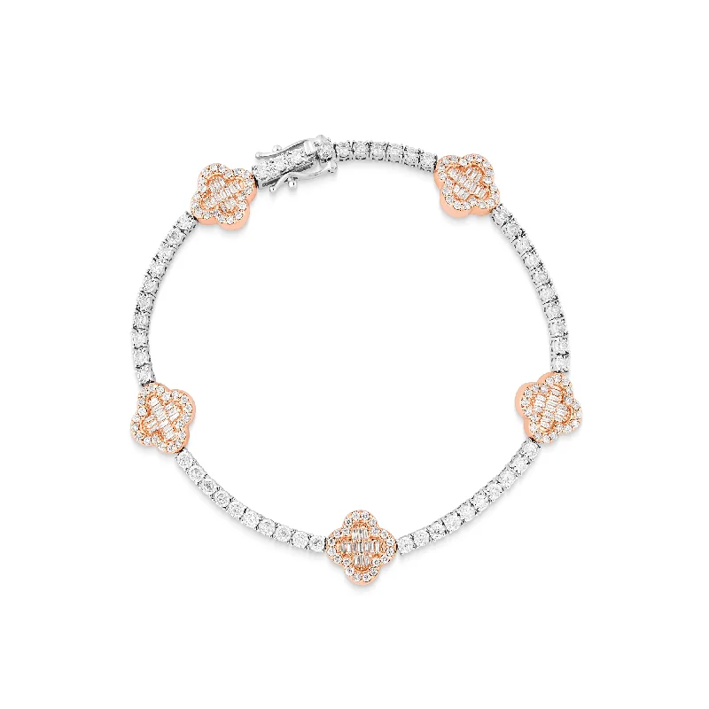 Ladies bracelets steampunk charm -10k Rose Gold Baguette and Round Diamond Clover Tennis Bracelet