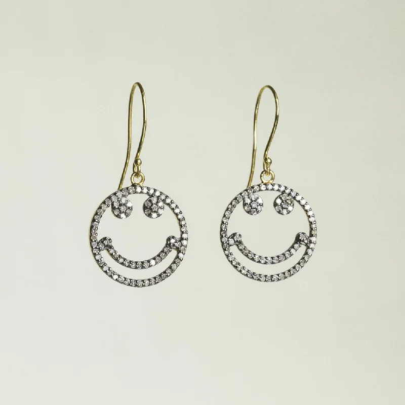 ladies earrings eco friendly-Diamond Smiley Face Drop Earrings