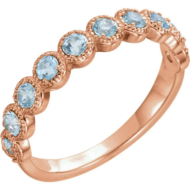 ladies rings engagement-14KT GOLD 0.60 CTW AQUAMARINE STACKABLE BEADED RING