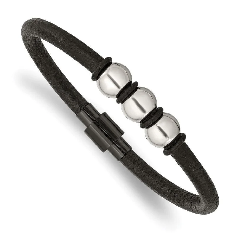 Ladies bracelets christian glow -Stainless Steel Polished Black IP with Rubber Black Leather 8.5in Bracelet