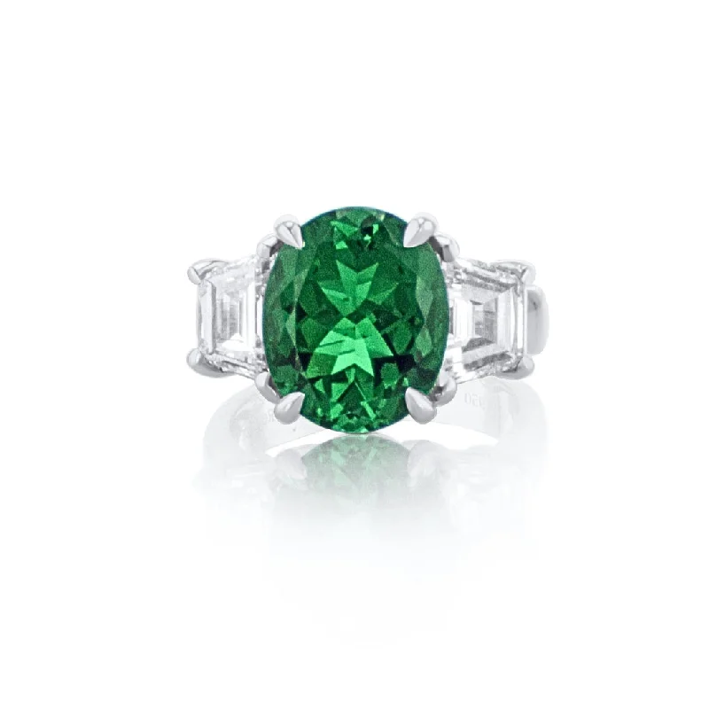 ladies engagement rings maintenance-3.91 CT Oval Cut Emerald and 1.88 Cttw Lab Grown Trapezoid Cut Lab Grown Diamond Three Stone Platinum Engagement Ring