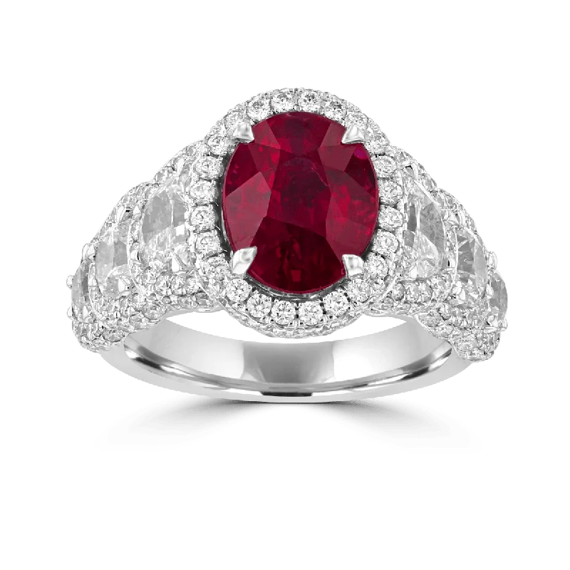 ladies rings summer-JULEVE 18KT 4.04 NO HEAT RUBY & 4.34 CTW DIAMOND HALO RING