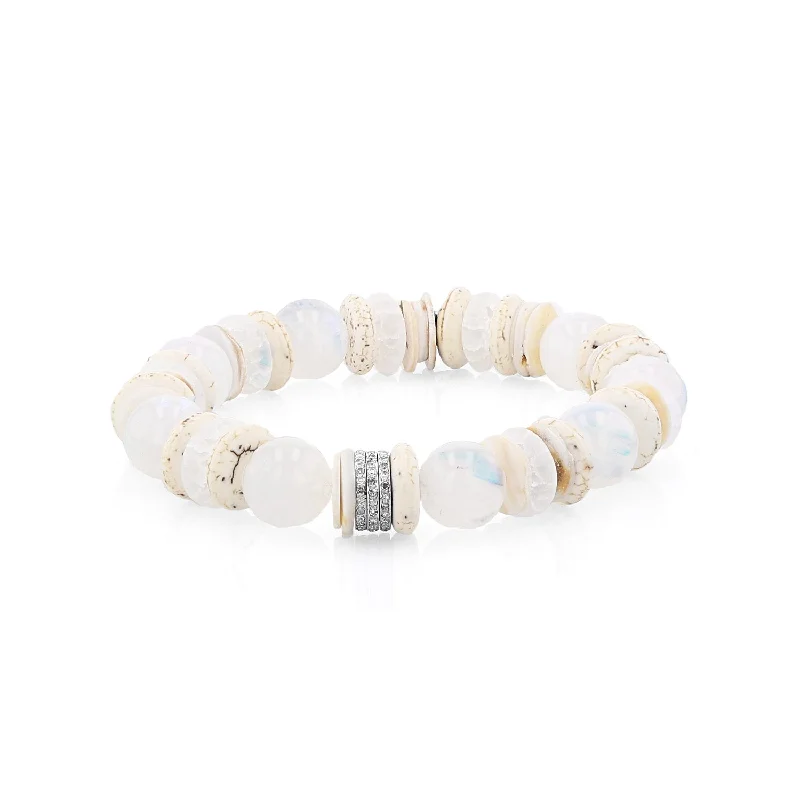 Ladies bracelets floral glow -White Mix Bead Bracelet with 3 Diamond Rondelles - 10mm  B0003730