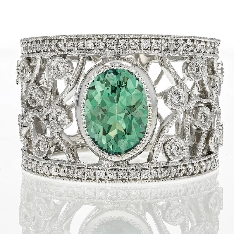 ladies rings work-JULEVE TOURMALINE & DIAMOND FILIGREE RING