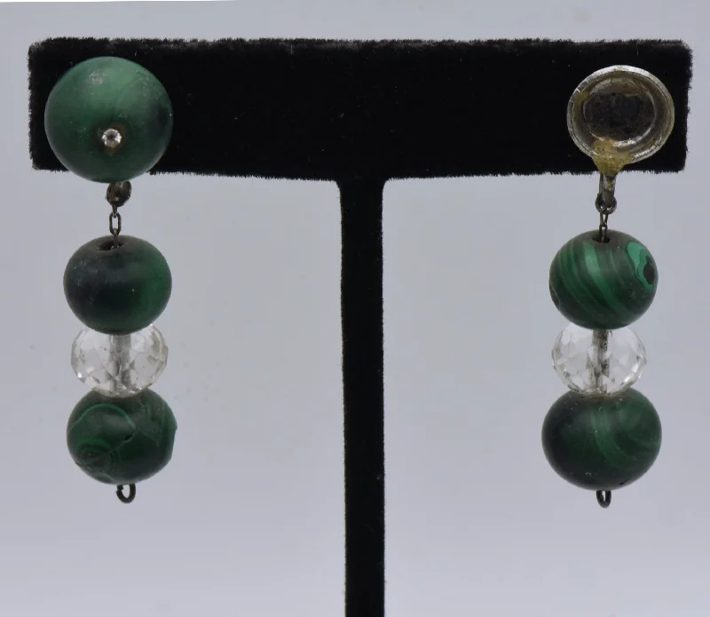 ladies earrings colorful-Vintage Handmade Malachite and Quartz Bead Screw Back Earrings - MISSING STONE