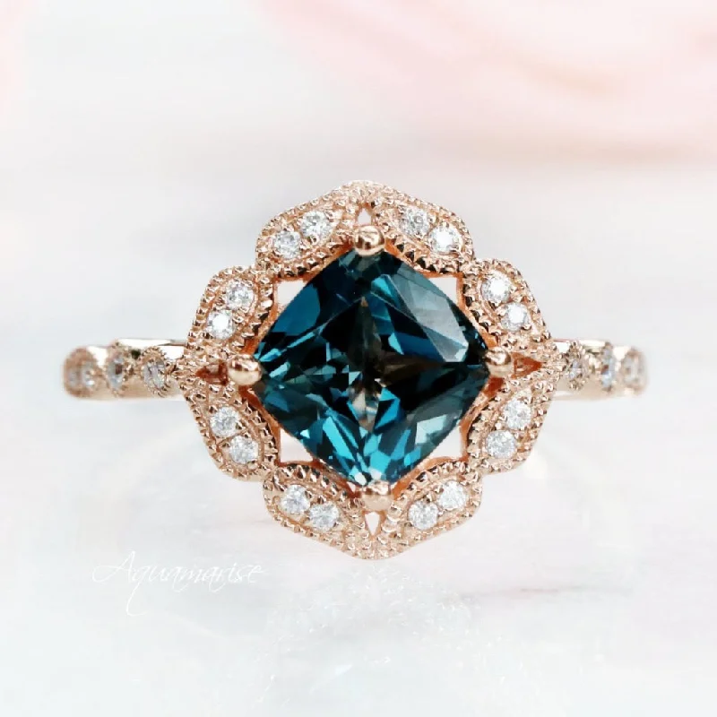 ladies engagement rings limited edition-Luxe Cushion Cut Natural London Blue Topaz Engagement Ring- 14K Solid Rose Gold